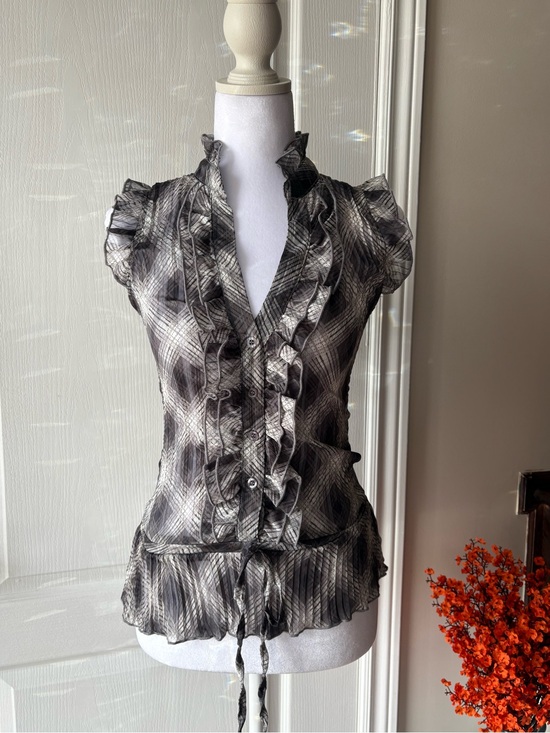 Costa Blanca Tops - Y2K Costa Blanca Ruffled V-Neck Sheer Women's Blouse - Black & White Plaid